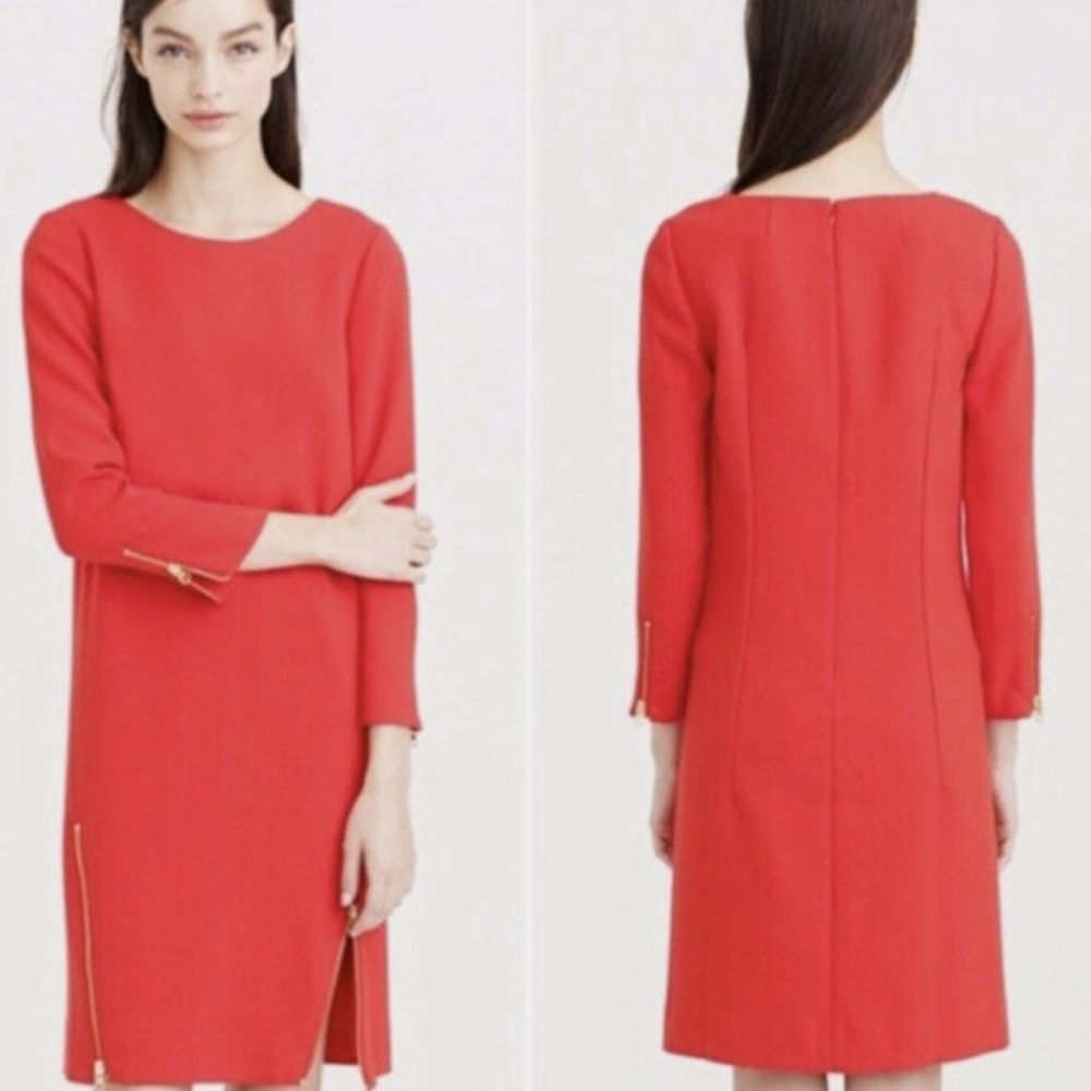 J.Crew Shift Dress Women’s Size 6 Red 3/4 Sleeve Gold Zipper 34”